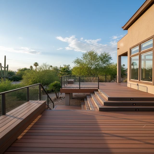 A wood deck with glass railing and built-in steps beside a home