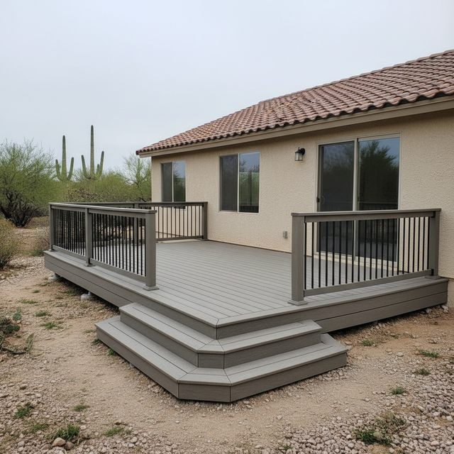 A gray composite deck with dark metal railings and wide corner steps