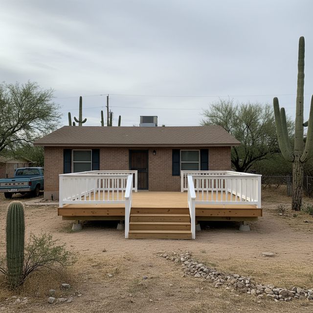 A new raised deck with white railings and front steps