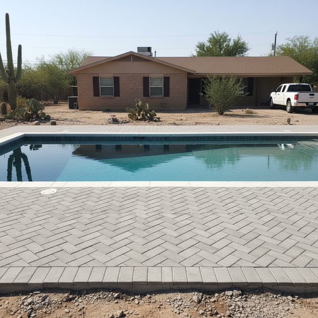 A paved pool deck beside a backyard swimming pool
